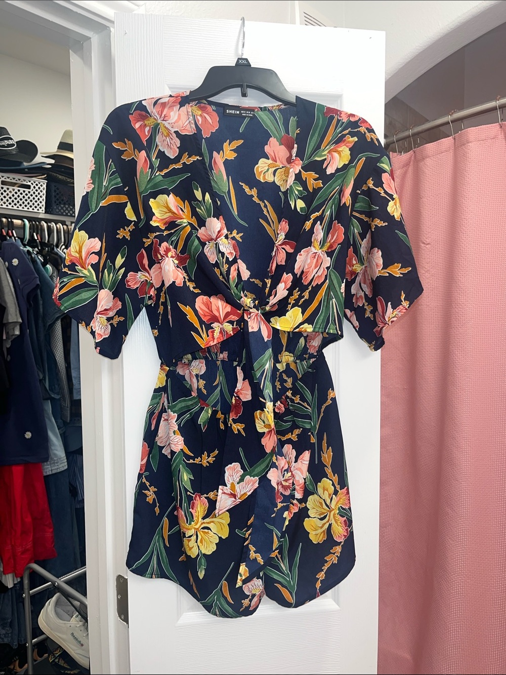 SHEIN Navy Floral Tie-Front Short Sleeve Tunic Romper